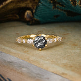 Round Cut Classic Black Rutilated Quartz Engagement Ring Pave Promise Ring